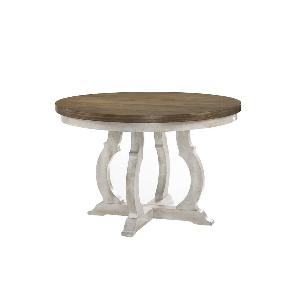 47 Inch Wood Round Dining Table, Distressed White Pedestal Base, Brown Top