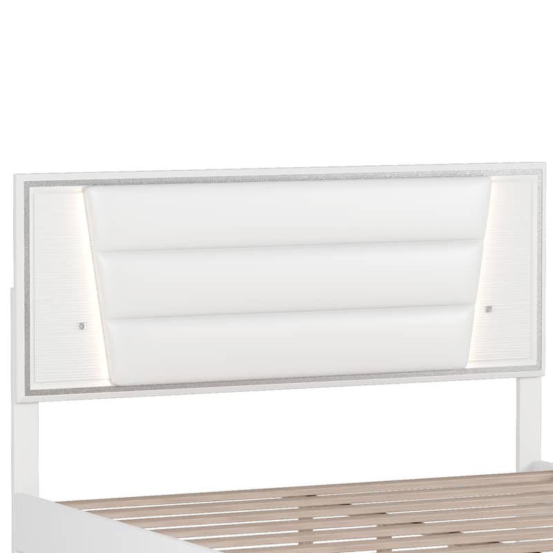 Modern Queen Bed Frame with LED Light Strips and Sparkling Upholstery - White.