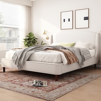 King Size Bed Frame Upholstered Platform Bed with Wingback Headboard