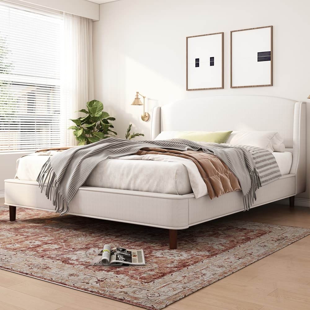 King Size Bed Frame Upholstered Platform Bed with Wingback Headboard