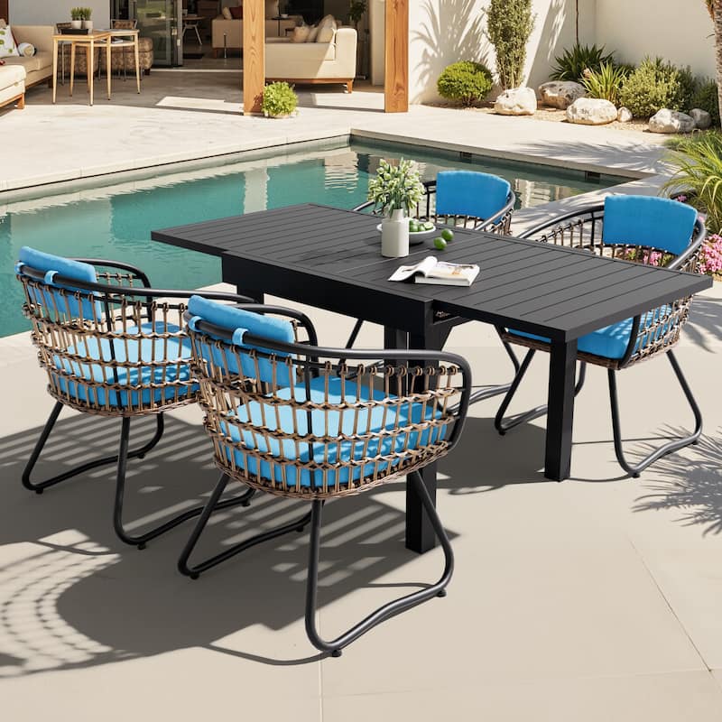 5/7/11PC Outdoor Patio Extendable Table Dining Sets with Rattan Chairs - 5PC-Blue