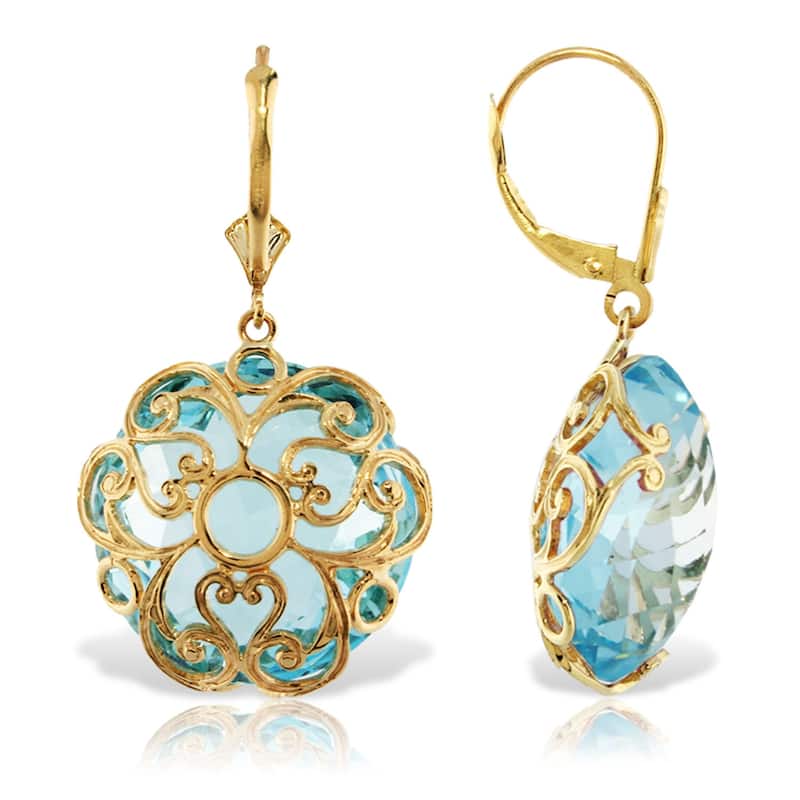 14K Solid Gold Leverback Gemstone Earrings Round Blue Topaz Jewelry