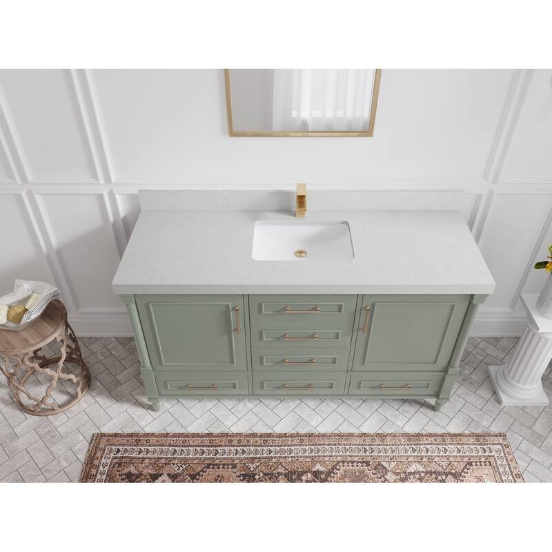 Willow Collections 60 in. W x 22 in. D Aberdeen Single Bowl Sink Bathroom Vanity with Countertop - 2" Carrara Quartz - Evergreen