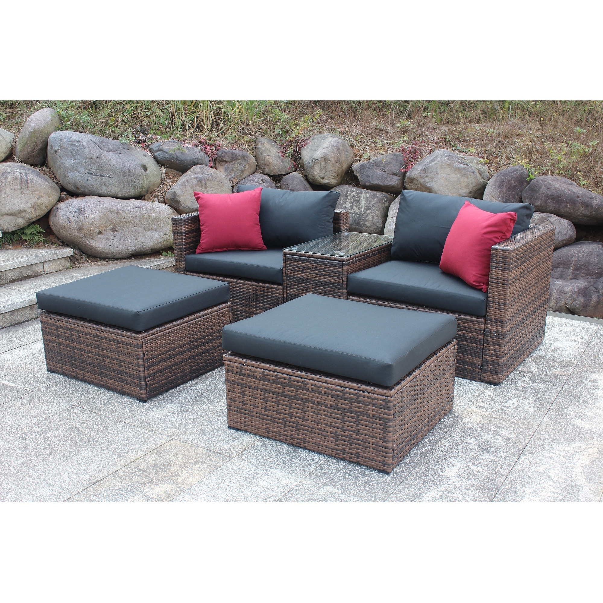 5 Pieces Brown Wicker Outdoor Sectional Conversation Sofa Set with