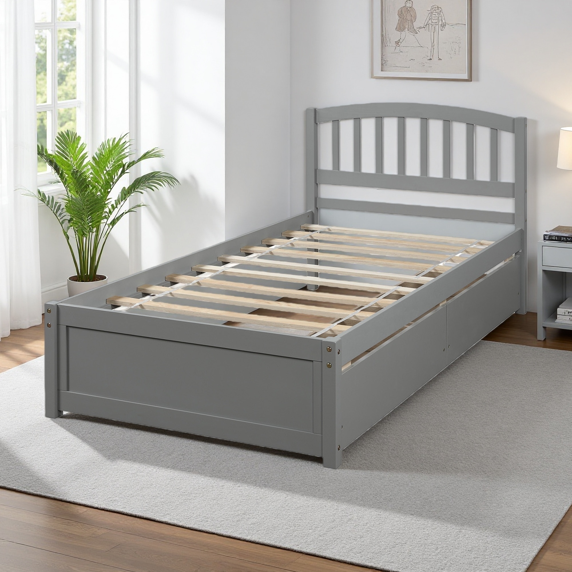 Twin Size Platform Storage Bed with Two Drawers and Headboard, Wood Bed Frame with Modern Design and No Box Spring Required