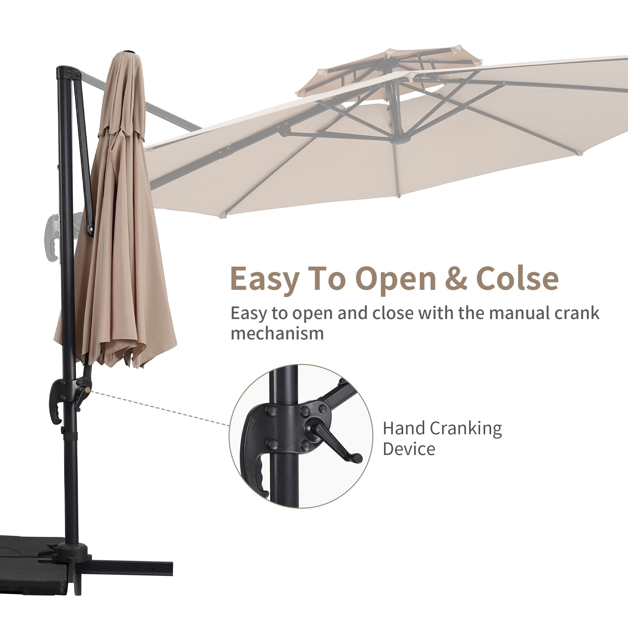 10 foot hanging offset cantilever patio umbrella with crank 10ft Solar LED it lets you easily track the suns movement Sunnydaze 10 ft Cantilever Offset