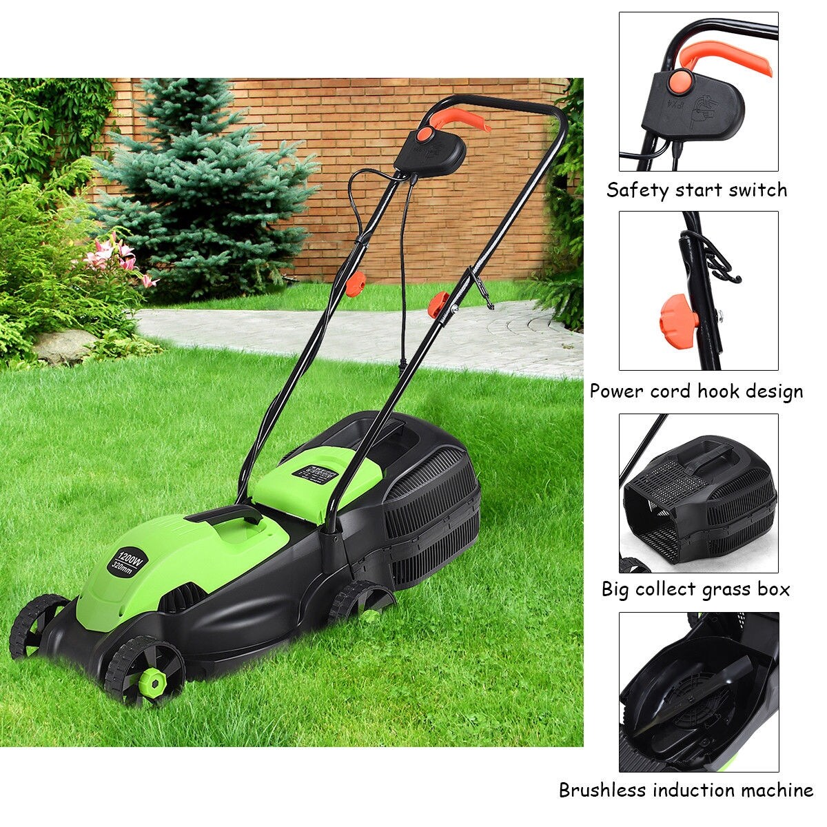 Costway 12 Amp 14 Inch Electric Push Lawn Corded Mower With Grass Bag Green