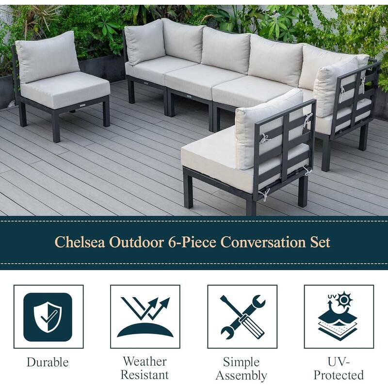 Chelsea 6-Piece Outdoor Patio Sectional Set in Black Aluminum with Removable Cushions for Backyard Garden and Patio Deck