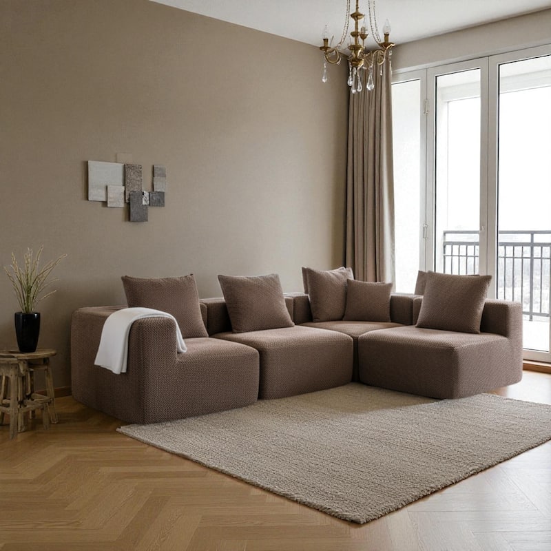 111" Modular Sectional Sofa with All-Foam Construction, Textured Upholstery and 6 Pillows, Low-Profile Couch for Living Room - Brown