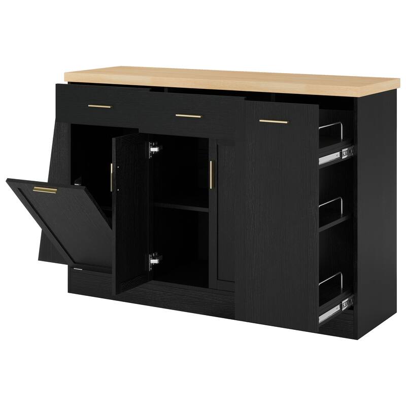 Two-Tone Design Sideboard Buffet Storage Cabinet Kitchen Island Table with Hidden Trash Cabinet & 3-Tier Spice Rack