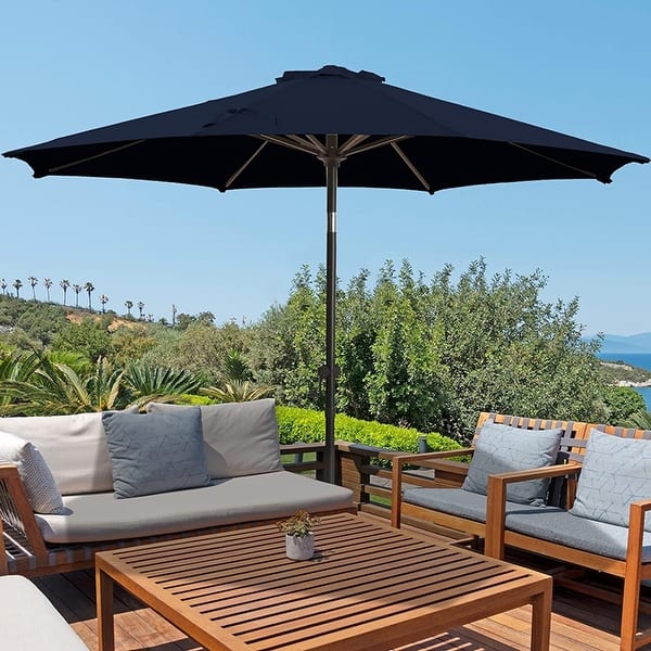 denim patio umbrella Camille French Country Leisure Denim Striped Sunbrella Umbrella