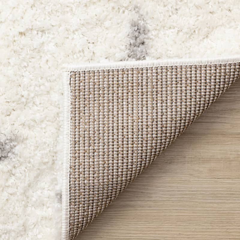 Cream Gray Neutral Lines Soft Shag Area Rug, 5'3" x 7'7"