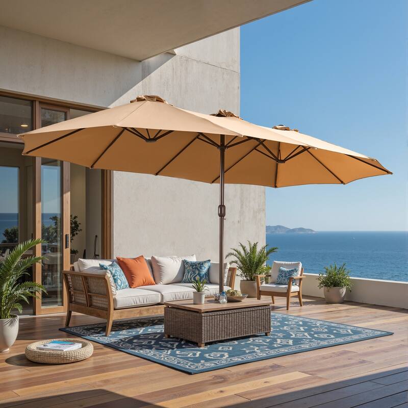 ​OVIOS 15ft Double Side Patio Umbrella Extra Large with Crank - ​​Khaki