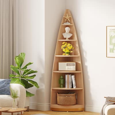 71" Tall Versatile 6-Tier Display Storage Bookcase Walnut Finish Corner Shelf
