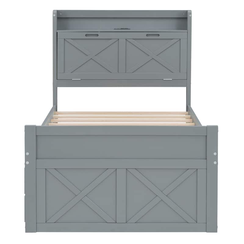 Wood Platform Bed Captain Bed with Pull Out Twin Size Trundle and 3 Drawers, Storage Headboard Built-in Outlets for Bedroom/Dorm