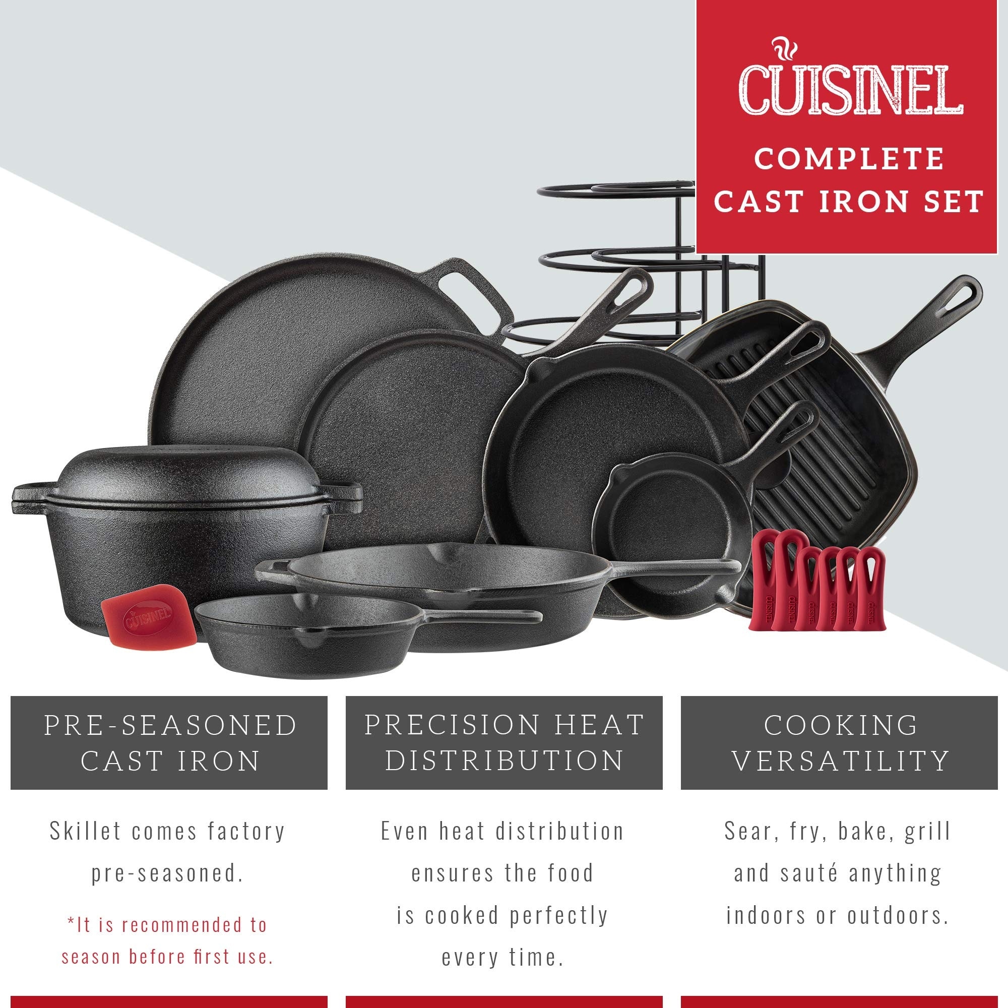 Cuisinel cast iron cookware 6-pc set - 10+12 skillet + glass lids + pizza  pan + pan rack organizer + silicone handle covers + scrape