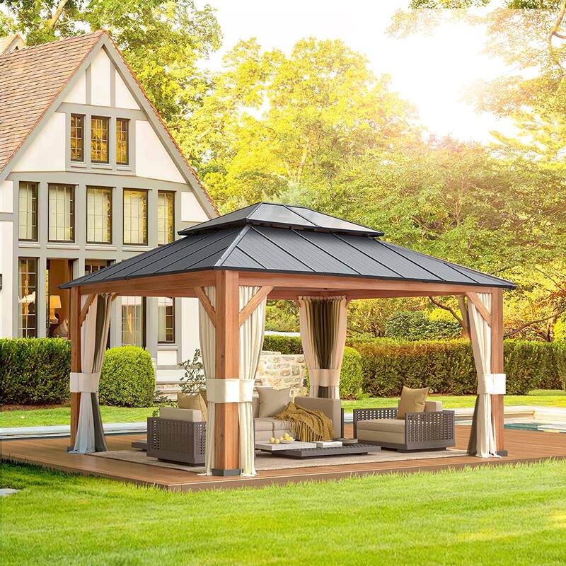 EROMMY Hardtop Gazebo Metal Gazebo with Faux Wood Grain Aluminum Frame, Outdoor Patio Gazebo Pergola