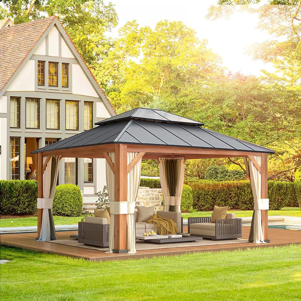 EROMMY Hardtop Gazebo Metal Gazebo with Faux Wood Grain Aluminum Frame, Outdoor Patio Gazebo Pergola