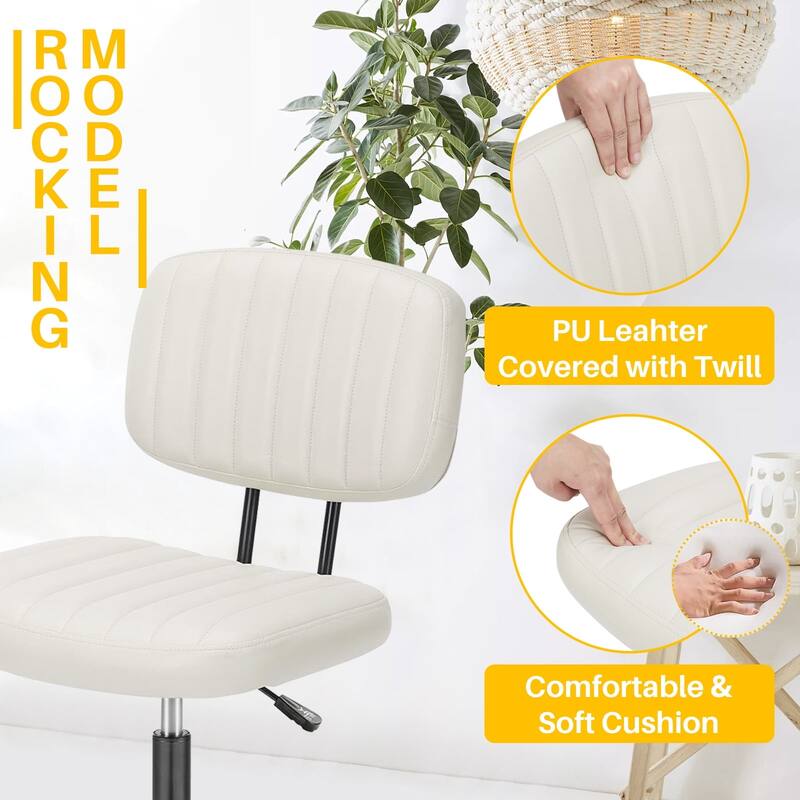 Small Armless Office Desk Chair with Wheels and Low Back Lumbar Support, Comfy Cute PU Leather Vanity Rolling Swivel Task Chair