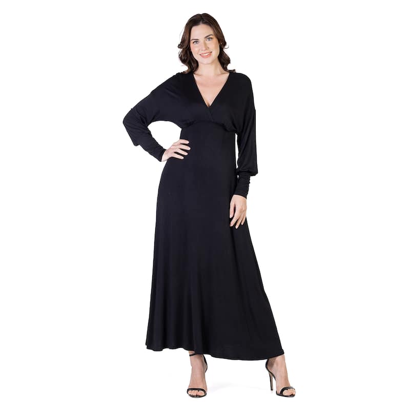 24seven Comfort Apparel V-Neck Long Sleeve Maxi Dress - Black - L