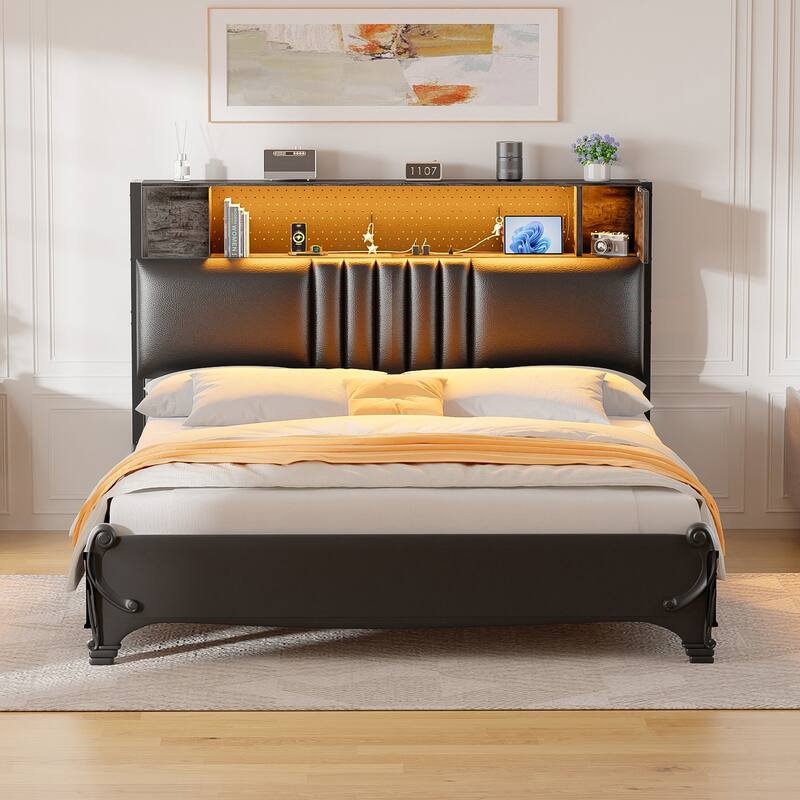 Upholstered Headboard with Storage Shelf and Small Cabinet, Headboard Power Outlet and LED Light - Grey Oak - Twin