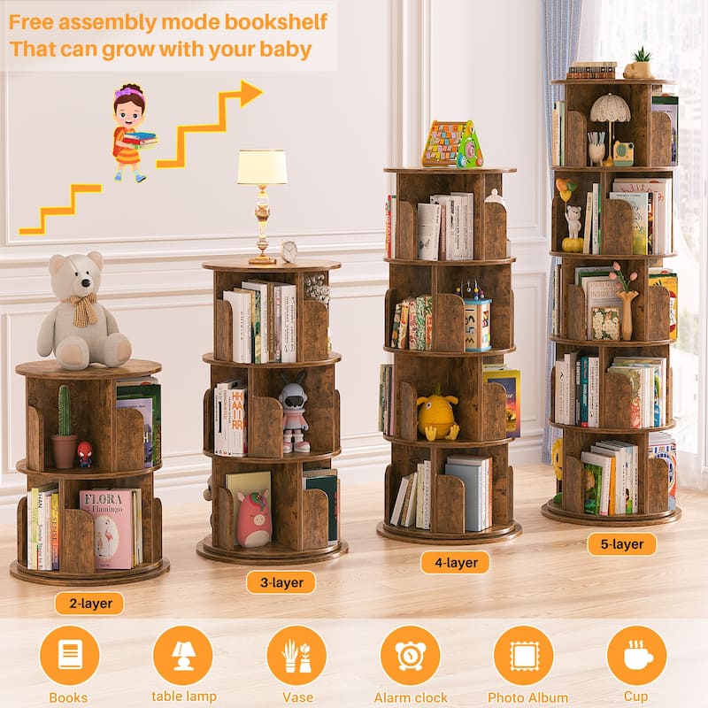 4/5/6 Tiers Round Rotating Bookcase, Revolving Floor Standing Bookshelf Corner Organizer Display
