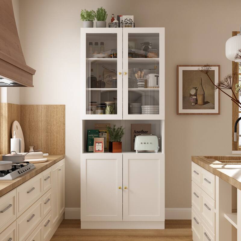 Bookcase Display Cupboard Curio Cabinet 2 Glass Door White Lacquer - 70.9"Hx31.5"W
