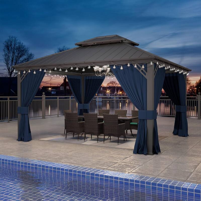 Kullavik Hardtop Gazebo w/ Galvanized Steel Roof & Aluminum Frame, New Outdoor Canopy w/ Mosquito Net & Curtain, Patio Pergola