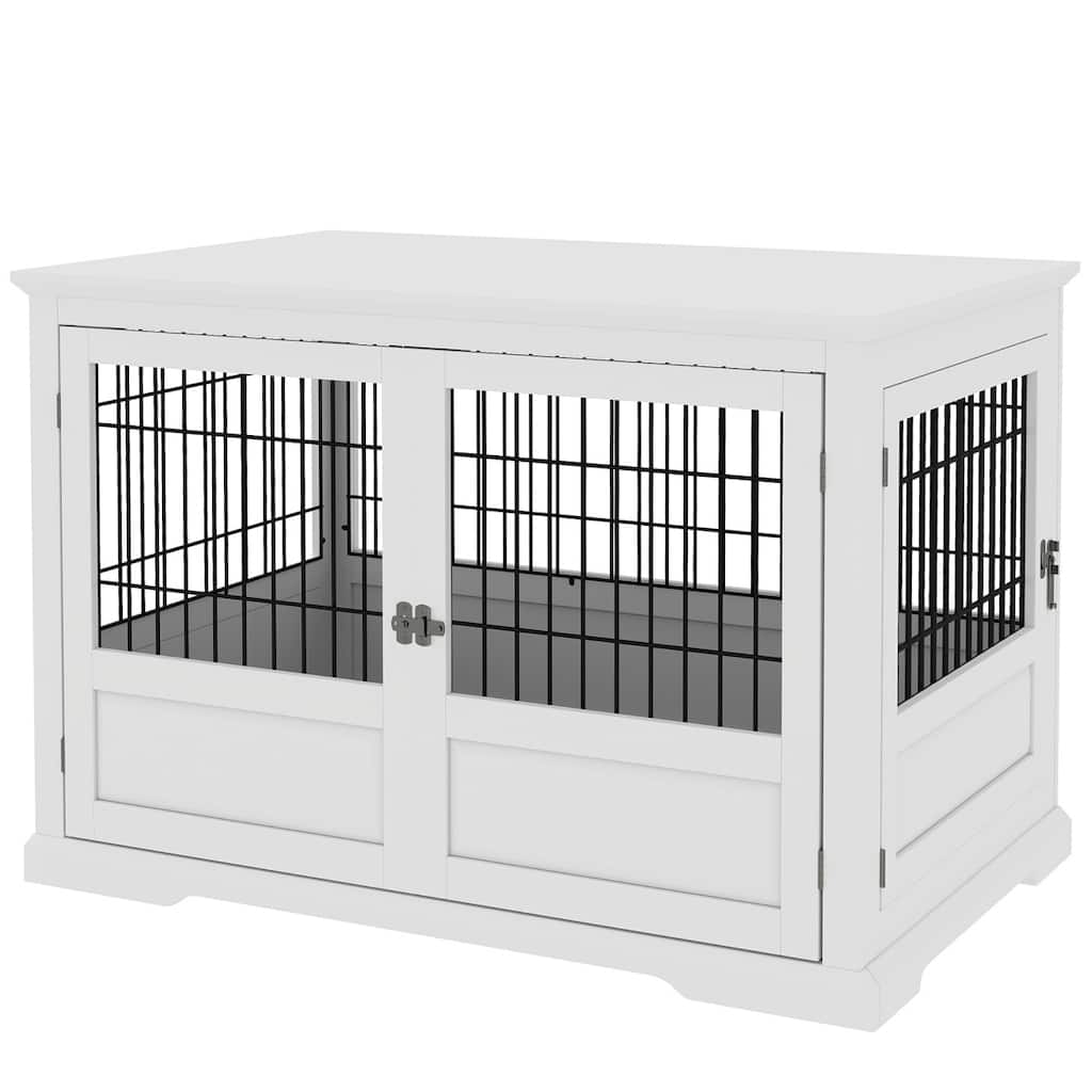 White MDF and Steel Extra Large Dog Crate with Three Doors Full-View Design Side Table Function and Removable Tray
