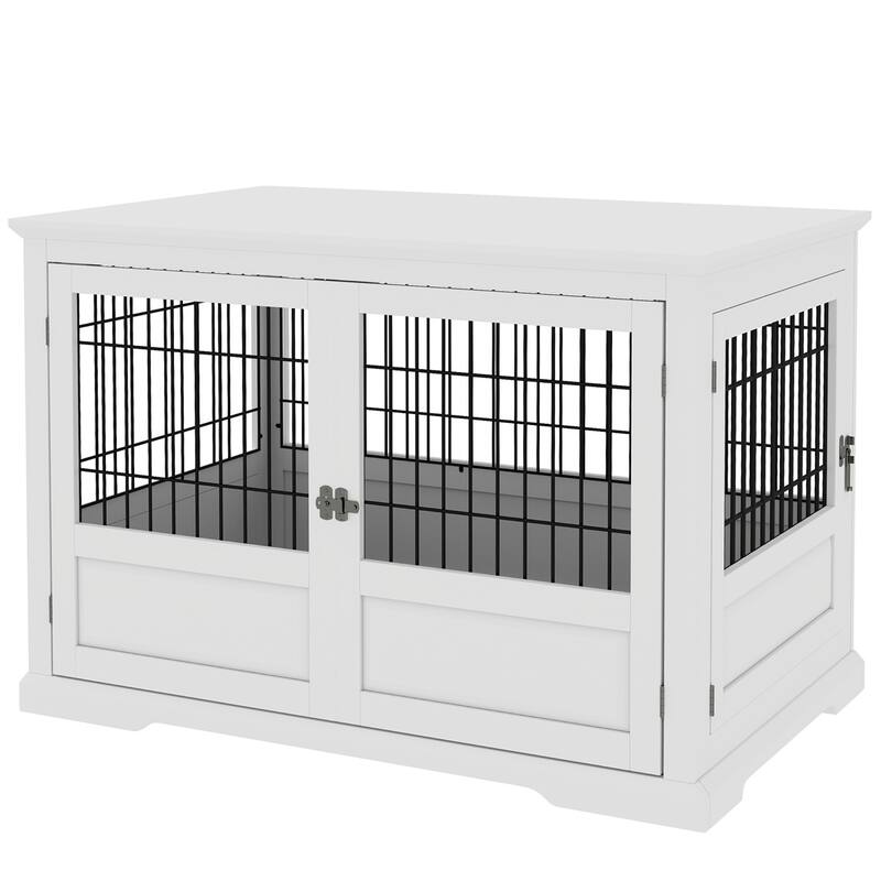 White MDF and Steel Extra Large Dog Crate with Three Doors Full-View Design Side Table Function and Removable Tray