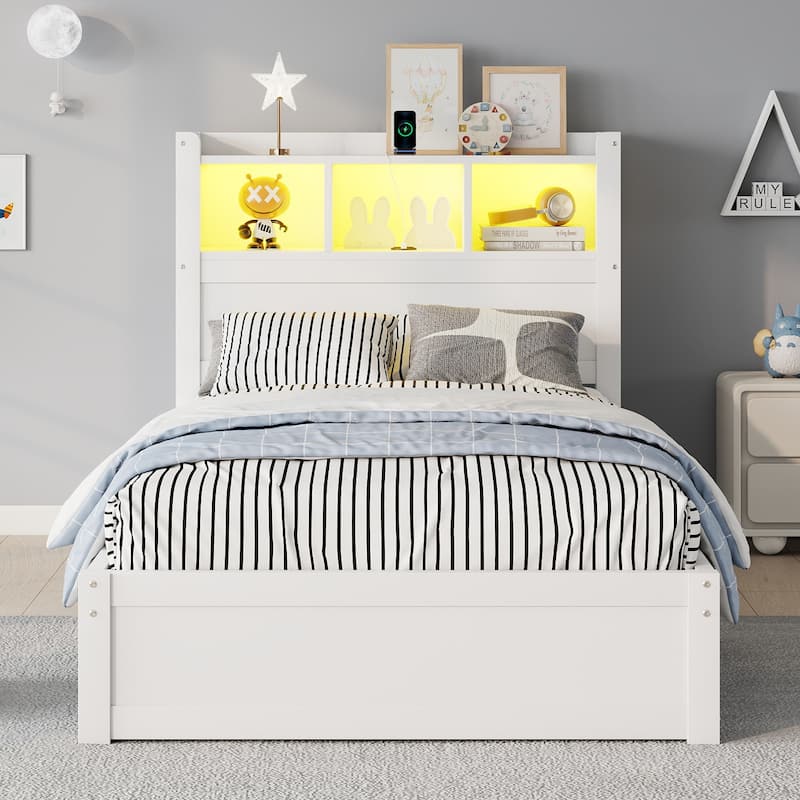 Platform Bed with Storage Headboard Pull Out Storage Cabinet, Bookcase Bed with Drawers, Wood Wingback Bed with Light and Socket