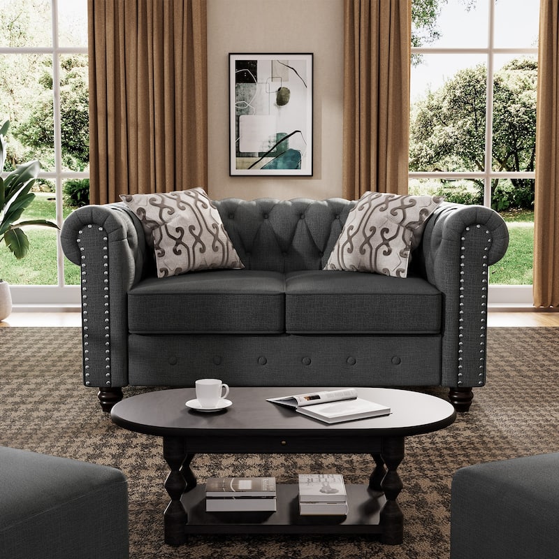 Morden Fort Tufted Upholstered Chesterfield set Loveseat, Sofa 2 PCS for Living Room, Fabric, Linen