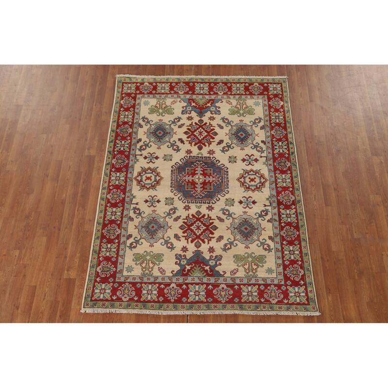 Ivory Kazak Area Rug Handmade Wool Carpet - 4'11" x 6'8"