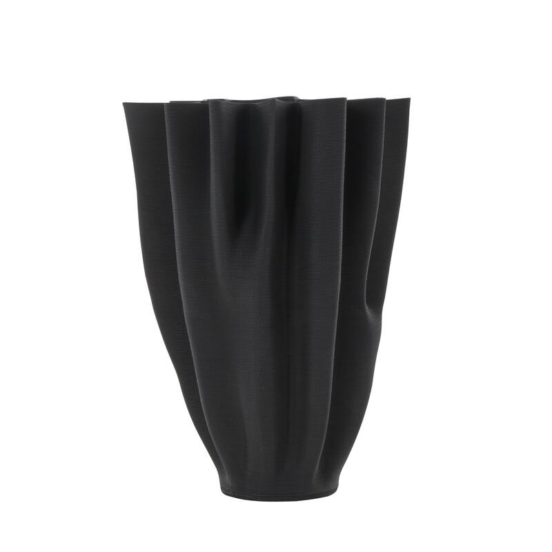 Black Ceramic Dimensional Ribbed Tulip Abstract Vase with Angular Rim