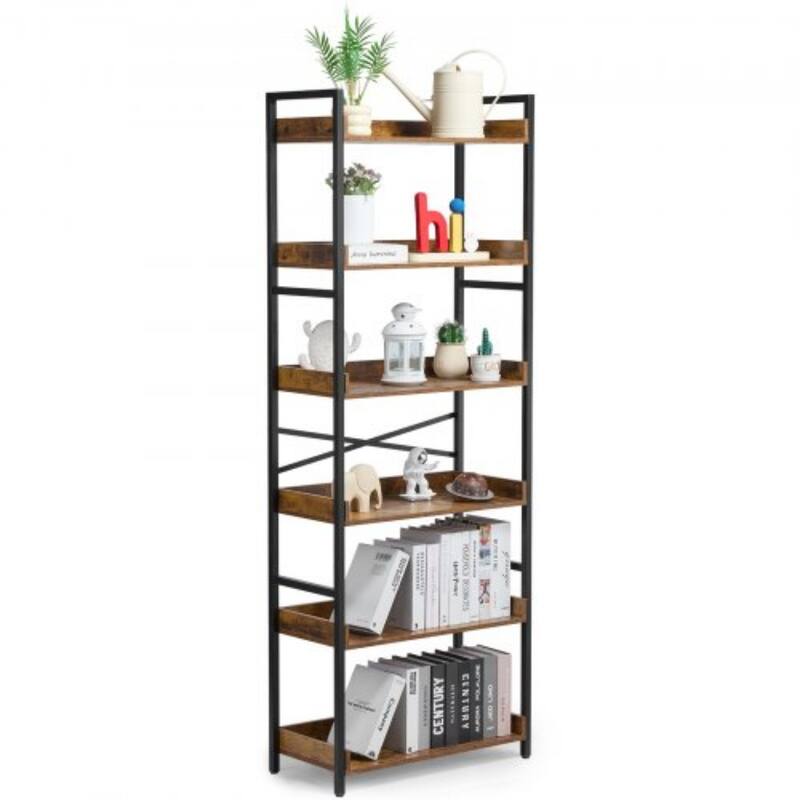 6-Tier Rustic Bookshelf with Black Metal Frame and Open Storage Space Perfect for Any Room - 25.59" x 11.81" x 69.29"