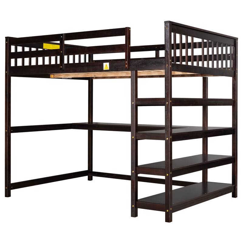 Full Size Loft Bed with Storage Shelves and Under-bed Desk in Espresso Finish