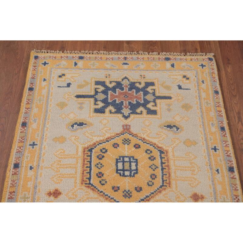 Geometric Kazak Runner Rug Hand-Knotted Beige Wool Carpet - 2'5"x 8'0"