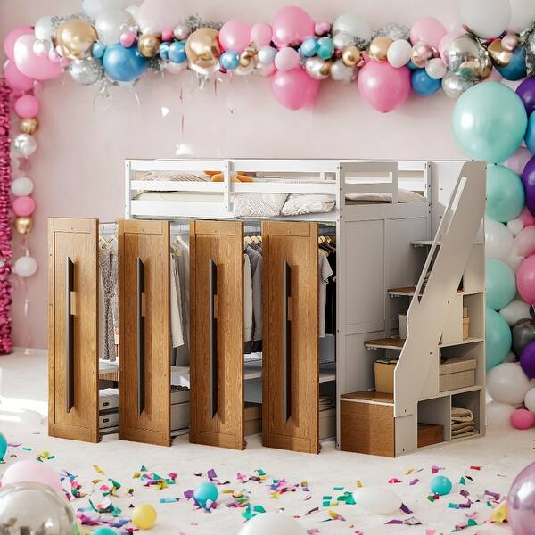 slide 2 of 26, Kids and Baby Twin Size Loft Bed with Two-Tone Storage Stairs and Pull-Out Wardrobes White