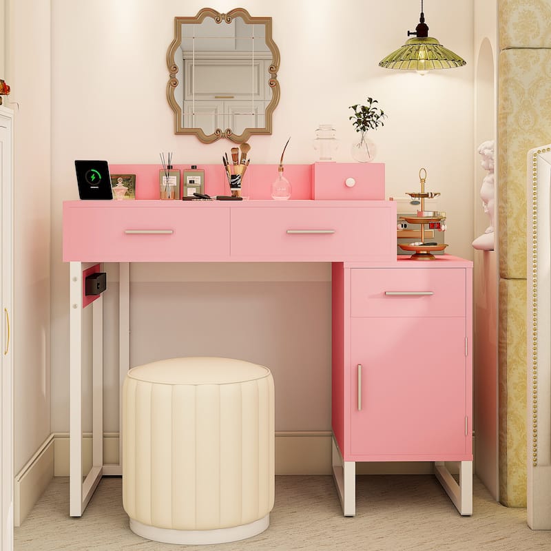 Reversible Makeup Vanity Desk With Charging Station and 4 Wooden Drawers and 1 Cabinet