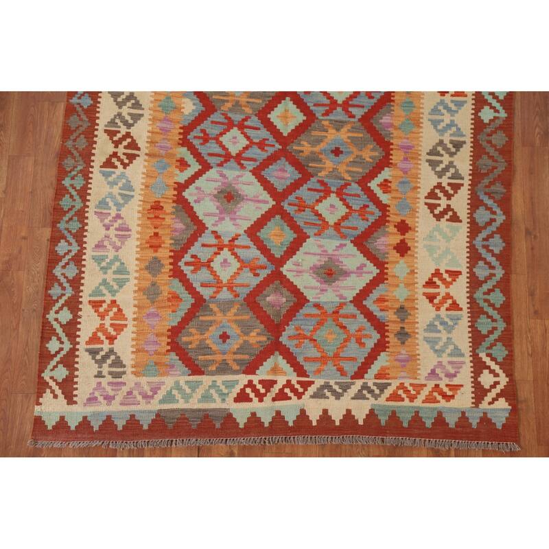Hand Woven Oriental 100% Wool Carpet Southwestern Geometric Red Kilim Area Rug - 6' 3'' X 4' 11''