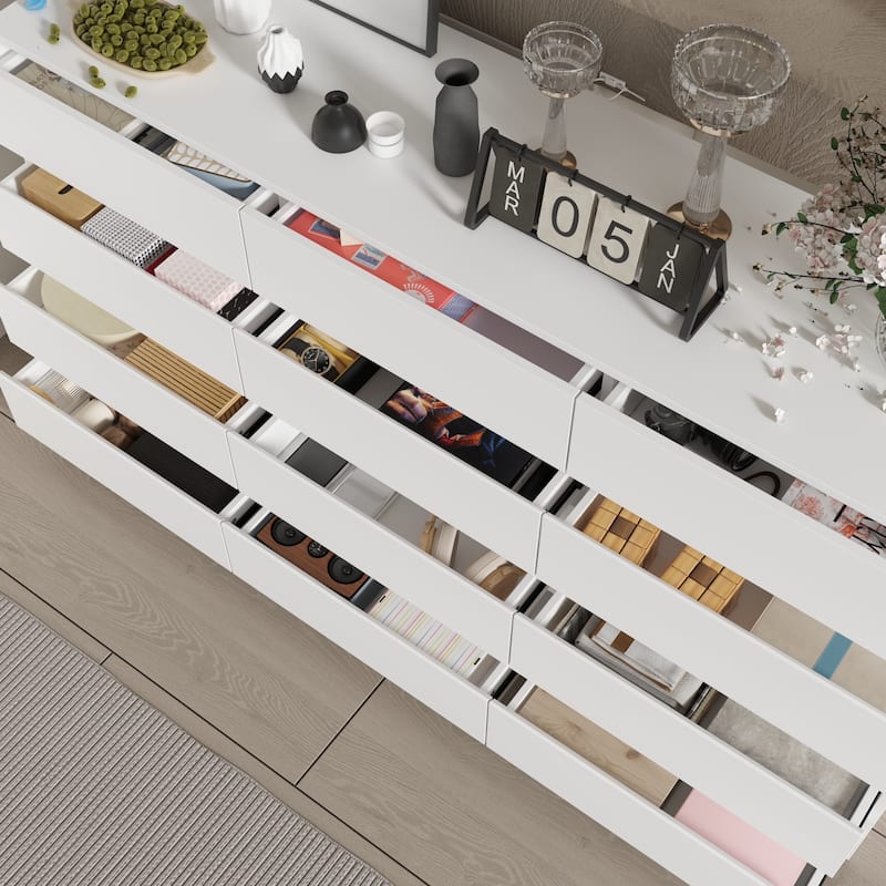 63" Chest of Drawers White Dresser No Handle, Modern 12 Drawer Dresser