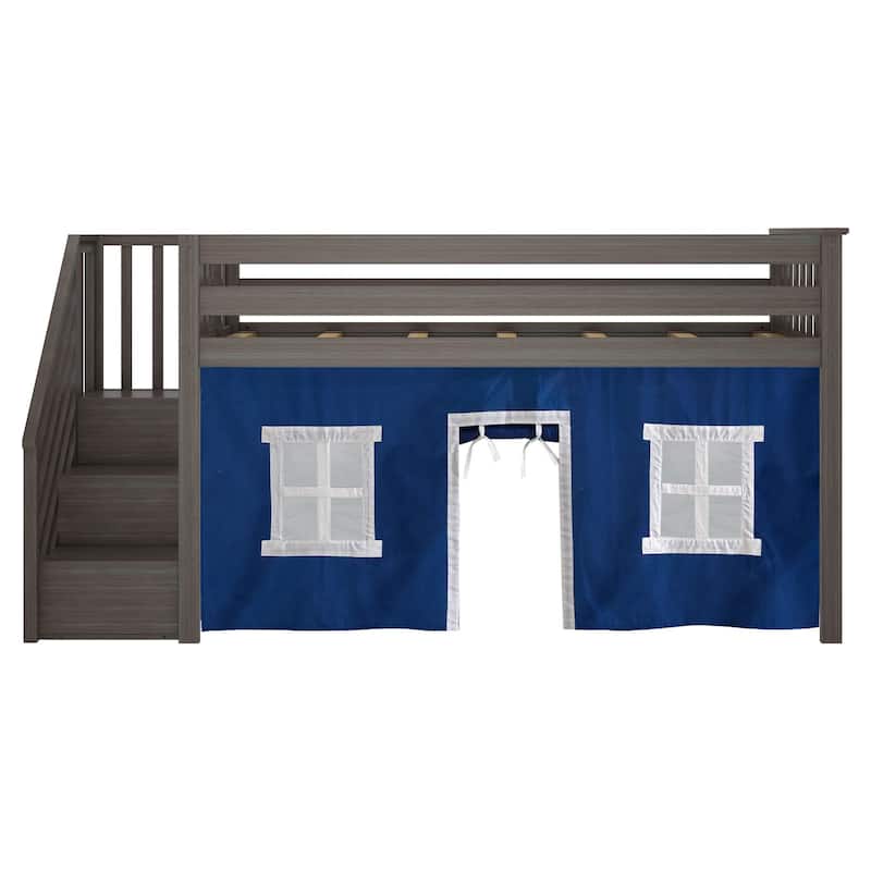 Max and Lily Twin Low Loft with Stairs and Curtains