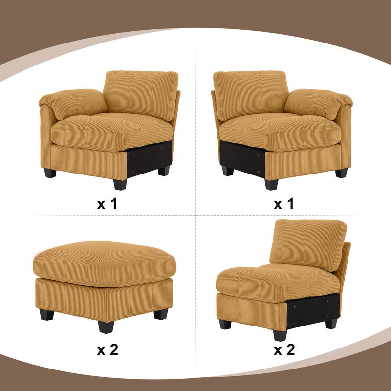 Multi-Seater Corduroy Sectional Sofa, Modular Settee, Included Removable Ottomans