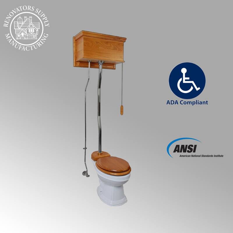 High Tank Toilet - Light Oak Wooden Raised Tank, White Elongated Bowl and Chrome L Pipe Renovators Supply