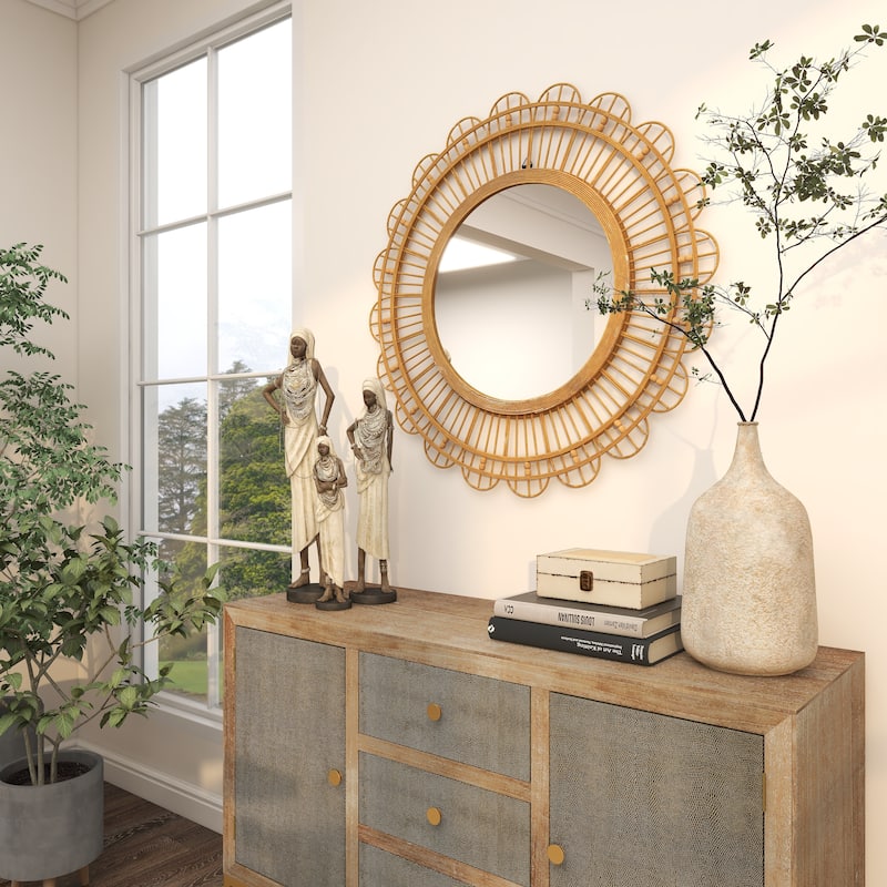 Bamboo Wood Floral Handmade Woven Wall Mirror with Beaded Accents - Brown - Roche River Decor