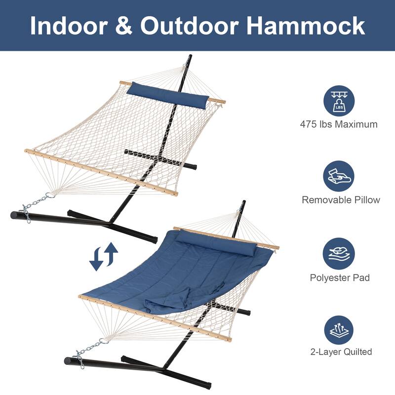 Double Hammock with Stand, Two Person Cotton Rope Hammock