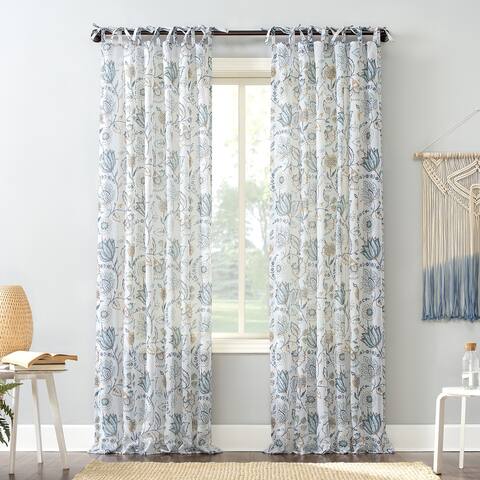 No. 918 Marita Folk Floral Linen Blend Sheer Tie Top Curtain Panel, Single Panel