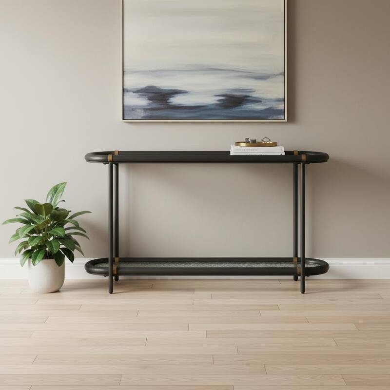 HomeRoots 52" Black and Clear Glass Solid Wood and Steel Oval Console Table With Shelf - 52.00 in. x 32.10 in. x 15.00 in. - Clear/Black