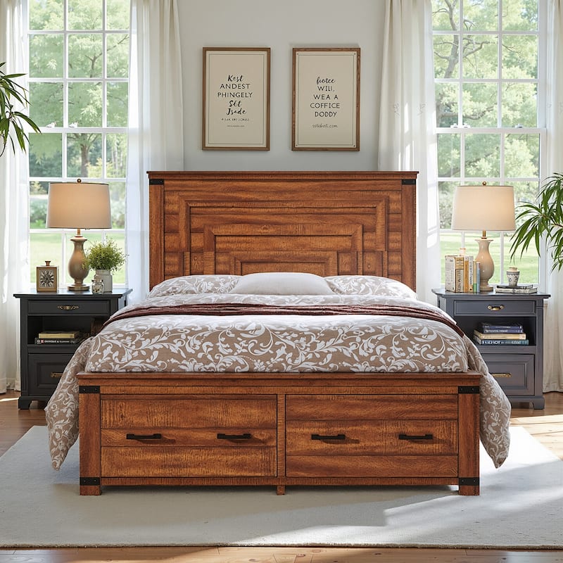 Farmhouse Queen Size Bed Frame w/ 54" Tall Headboard & 2 Large Drawers - Reclaimed Barnwood