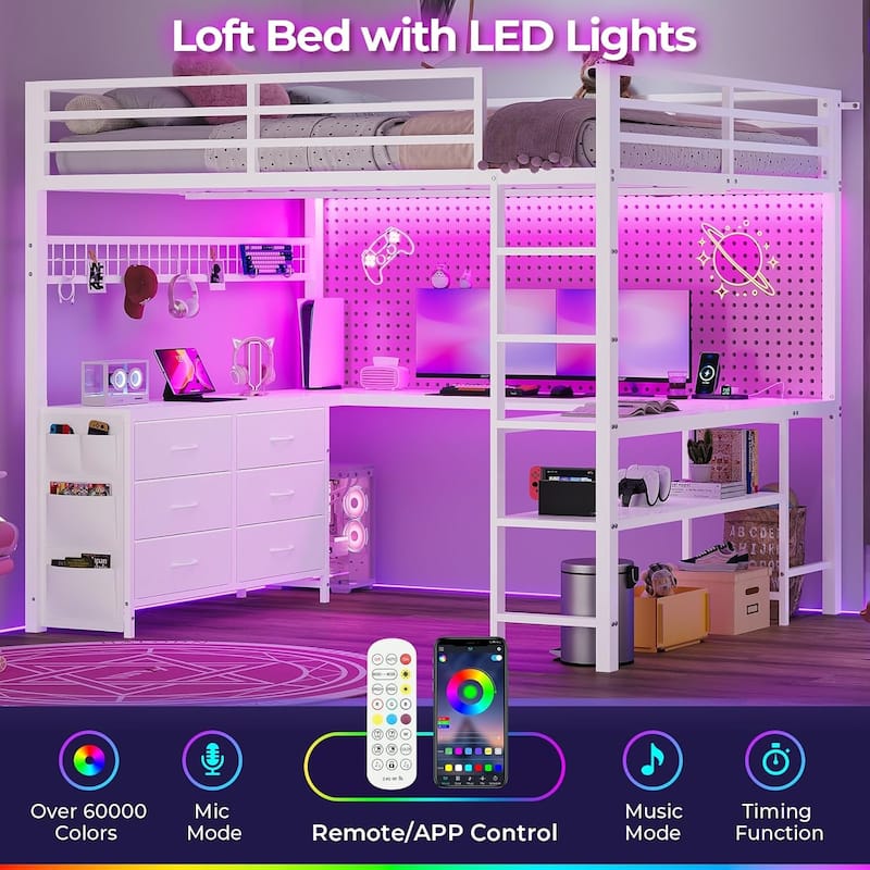 Loft Bed with Full Size U-Shaped Desk 6 Drawers Power Outlet 2 Storage Shelves